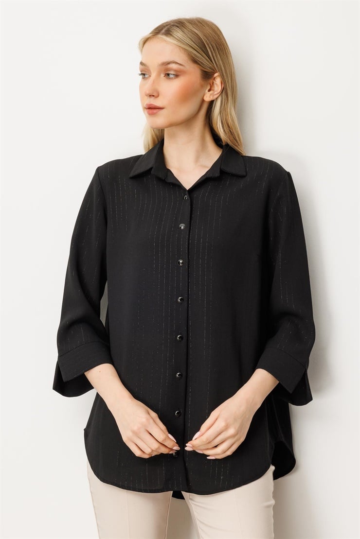 Mutlu Ertan Kadın Simli Çizgili Gömlek Siyah 30385