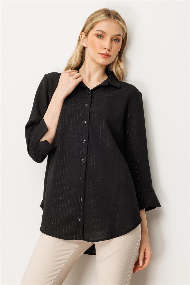 Mutlu Ertan Kadın Simli Çizgili Gömlek Siyah 30385