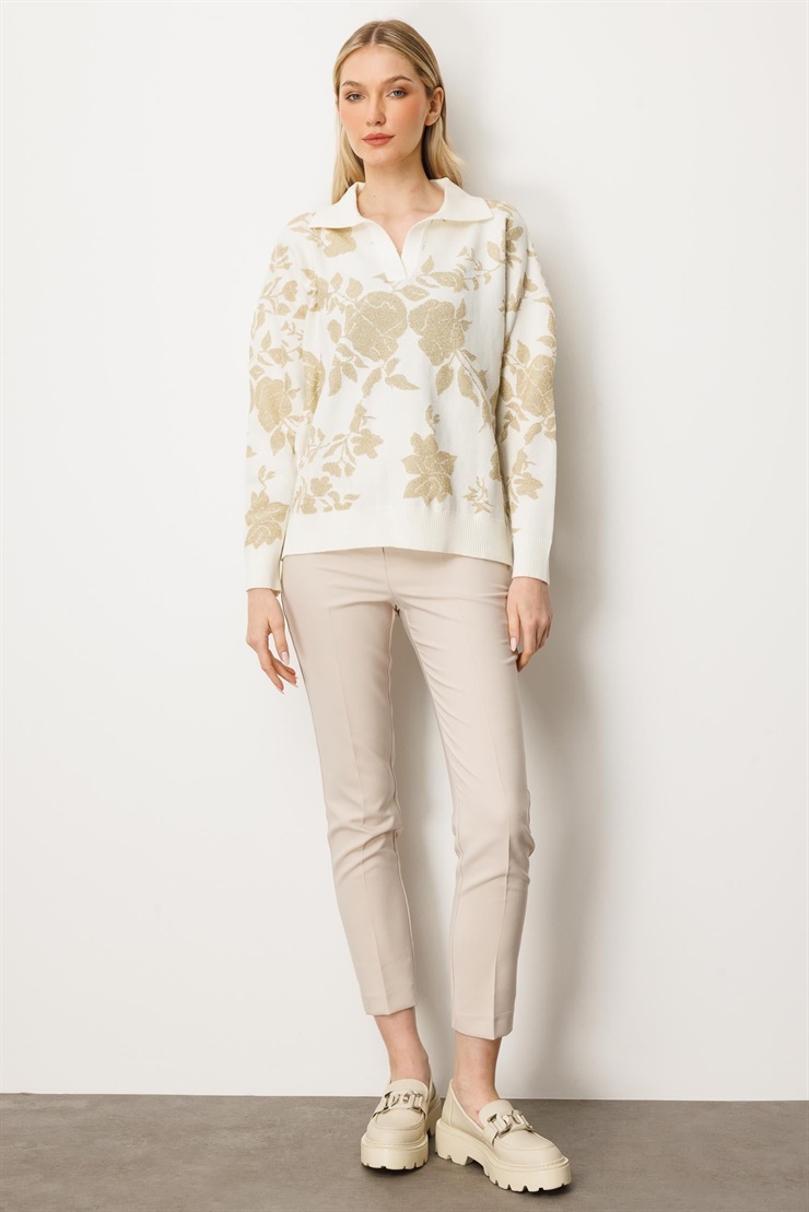 Mutlu Ertan Kadın Simli Gül Desenli Gömlek Yaka Triko Bluz Ekru - Gold 20230