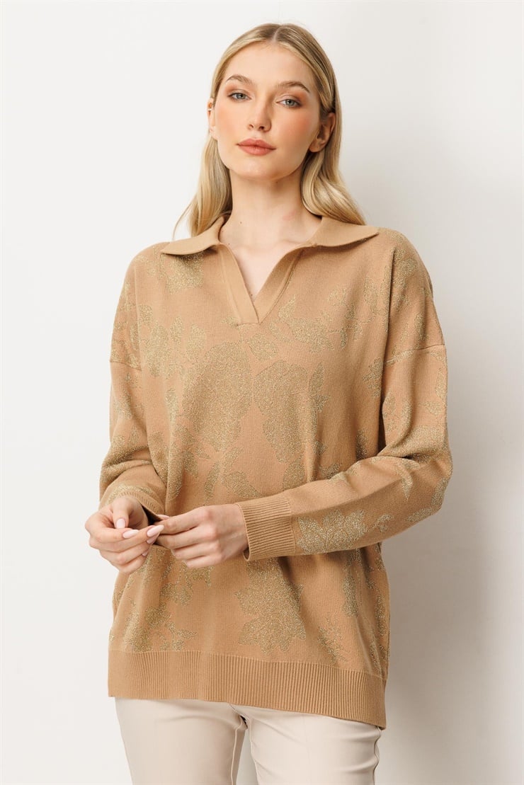 Mutlu Ertan Kadın Simli Gül Desenli Gömlek Yaka Triko Bluz Camel - Gold 20230