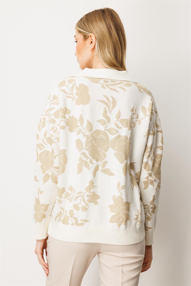 Mutlu Ertan Kadın Simli Gül Desenli Gömlek Yaka Triko Bluz Ekru - Gold 20230