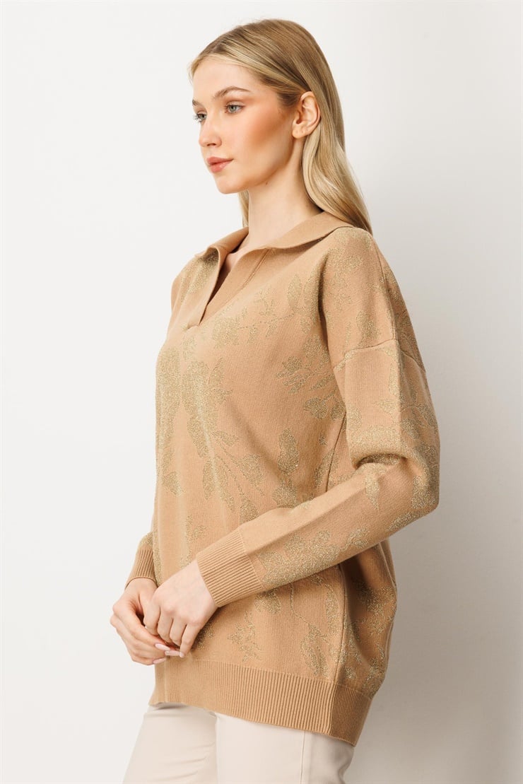 Mutlu Ertan Kadın Simli Gül Desenli Gömlek Yaka Triko Bluz Camel - Gold 20230