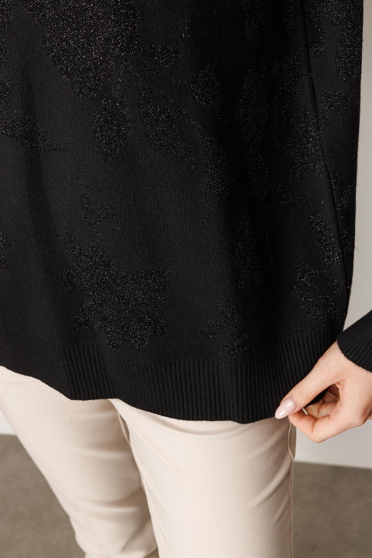 Mutlu Ertan Kadın Simli Gül Desenli Gömlek Yaka Triko Bluz Siyah-SiyahSim 20230