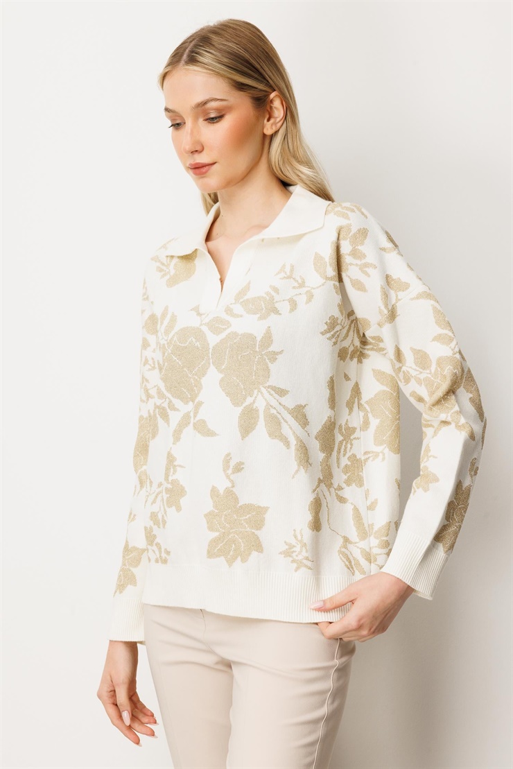 Mutlu Ertan Kadın Simli Gül Desenli Gömlek Yaka Triko Bluz Ekru - Gold 20230