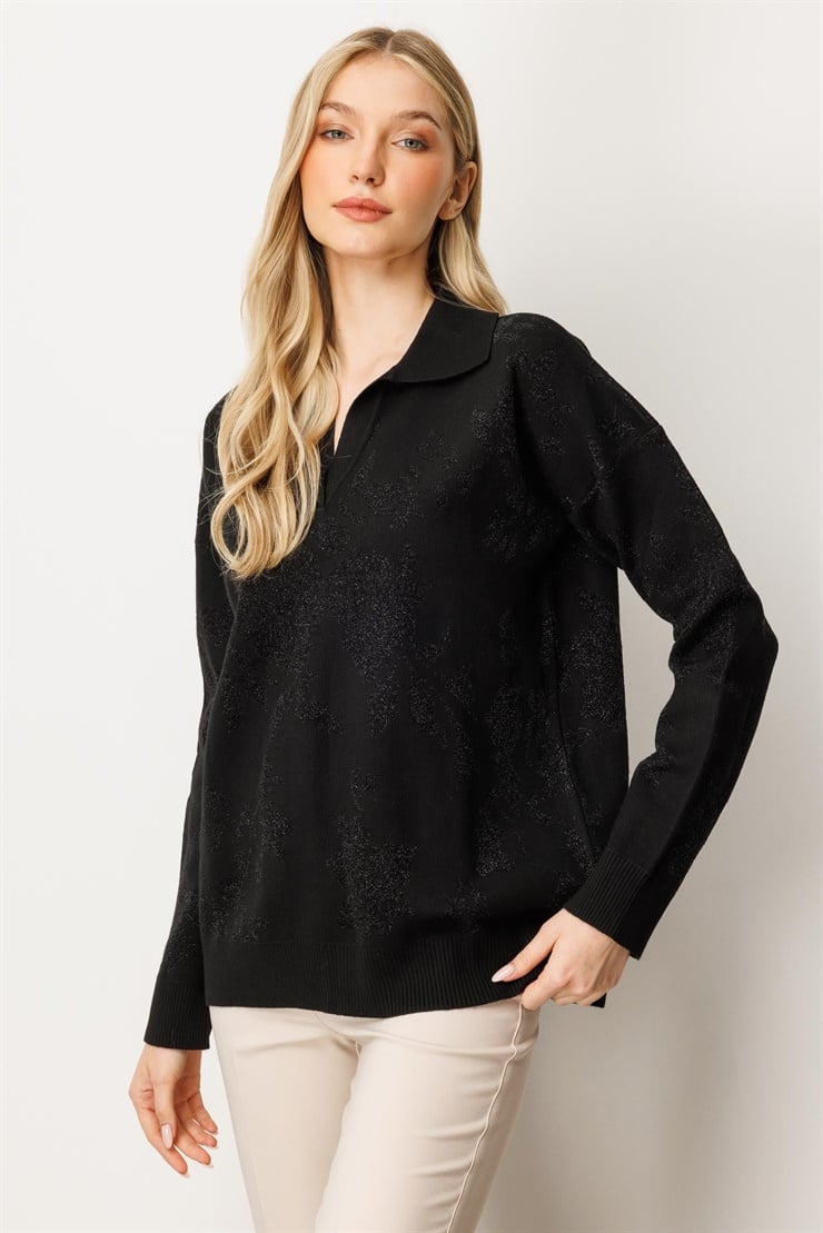 Mutlu Ertan Kadın Simli Gül Desenli Gömlek Yaka Triko Bluz Siyah-SiyahSim 20230