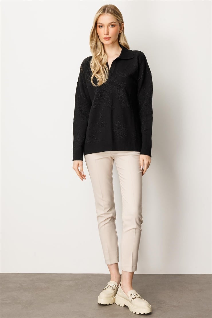 Mutlu Ertan Kadın Simli Gül Desenli Gömlek Yaka Triko Bluz Siyah-SiyahSim 20230