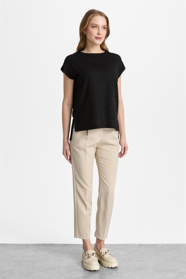 Mutlu Ertan Kadın Simli Sıfır Yaka Bluz Siyah 30472