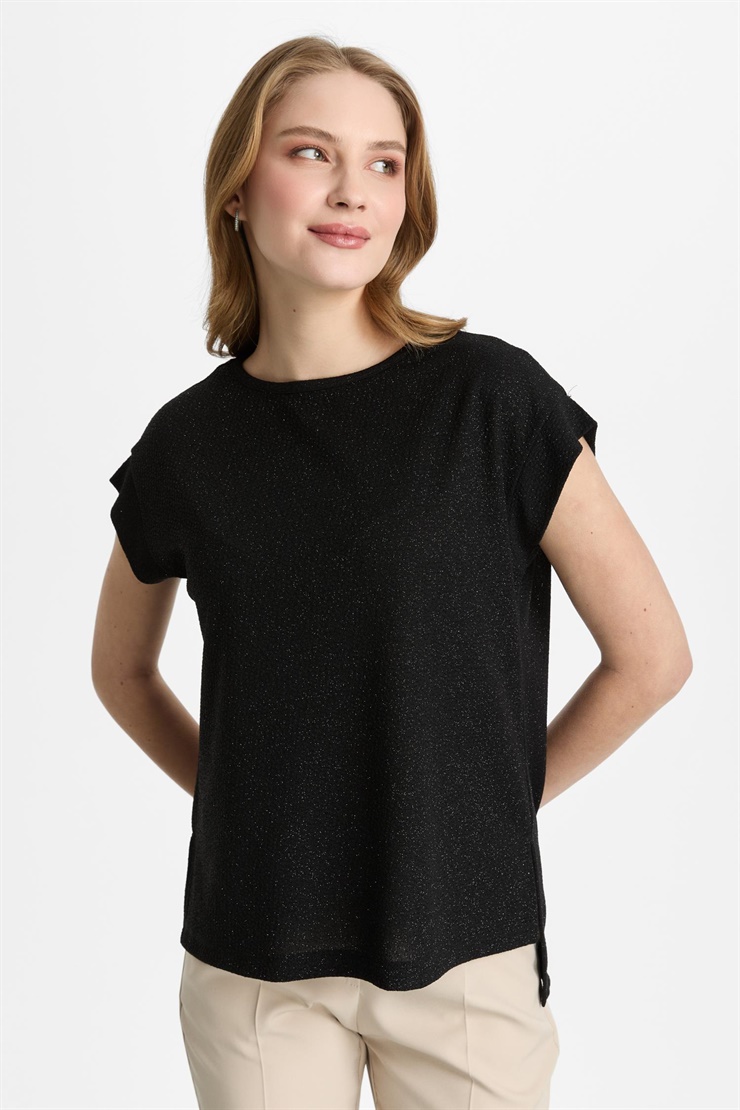 Mutlu Ertan Kadın Simli Sıfır Yaka Bluz Siyah 30472