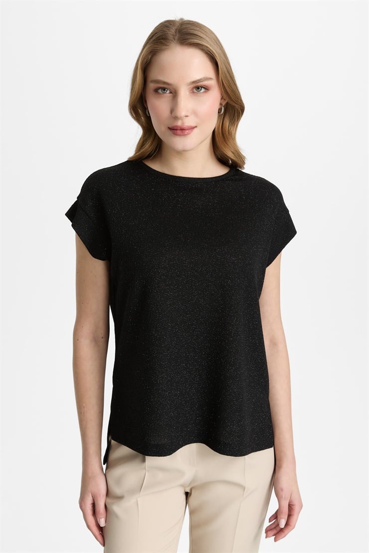 Mutlu Ertan Kadın Simli Sıfır Yaka Bluz Siyah 30472