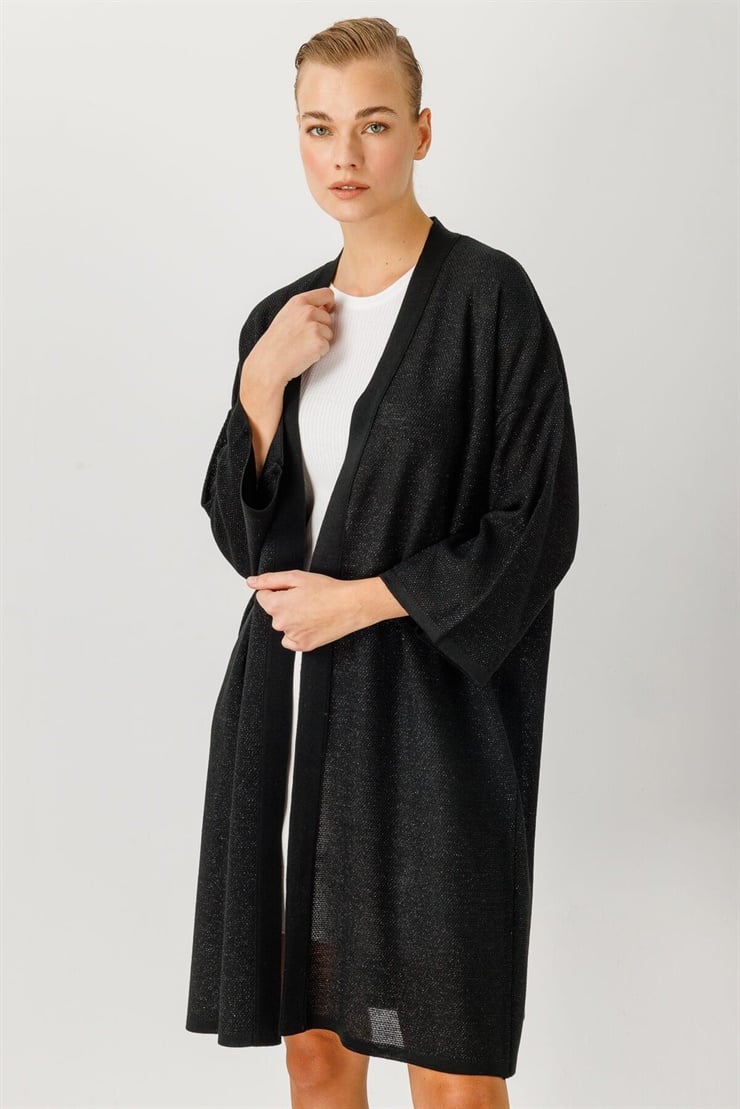 Mutlu Ertan Kadın Simli Truvakar Kol Hırka Siyah 2911