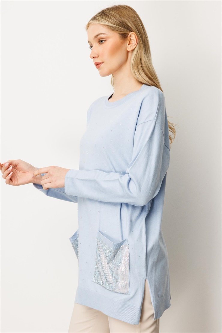 Mutlu Ertan Kadın Taş Baskılı Triko Bluz Mavi 20220