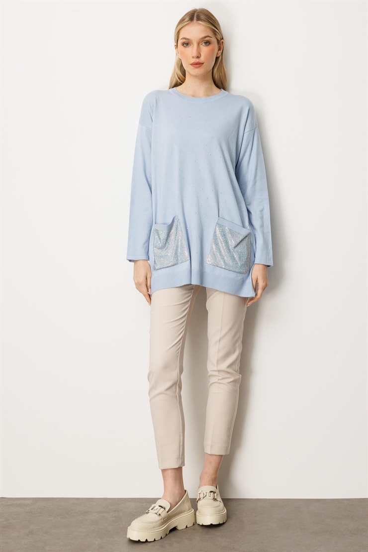 Mutlu Ertan Kadın Taş Baskılı Triko Bluz Mavi 20220