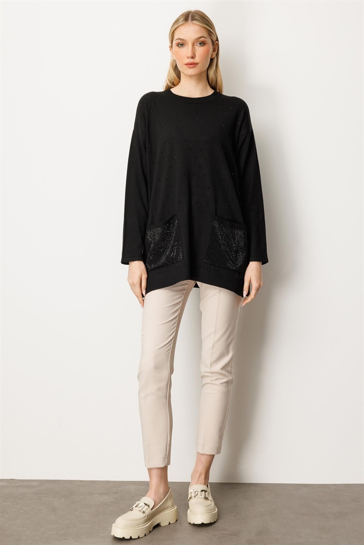 Mutlu Ertan Kadın Taş Baskılı Triko Bluz Siyah 20220