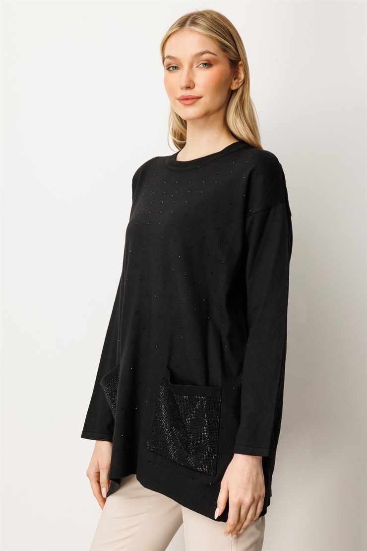 Mutlu Ertan Kadın Taş Baskılı Triko Bluz Siyah 20220