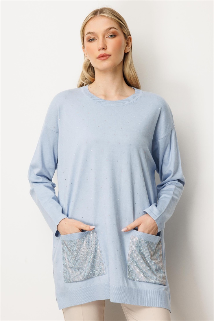 Mutlu Ertan Kadın Taş Baskılı Triko Bluz Mavi 20220