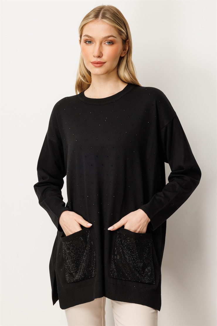 Mutlu Ertan Kadın Taş Baskılı Triko Bluz Siyah 20220