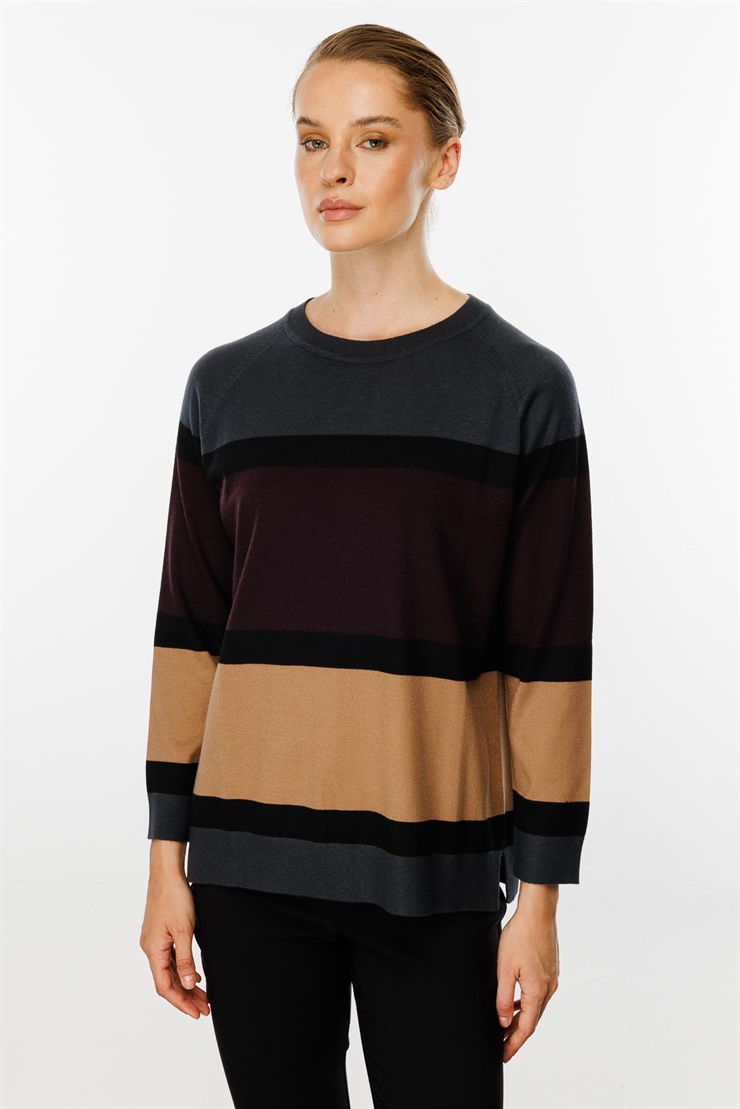 Mutlu Ertan Kadın Triko Çizgili Bluz Füme 20153