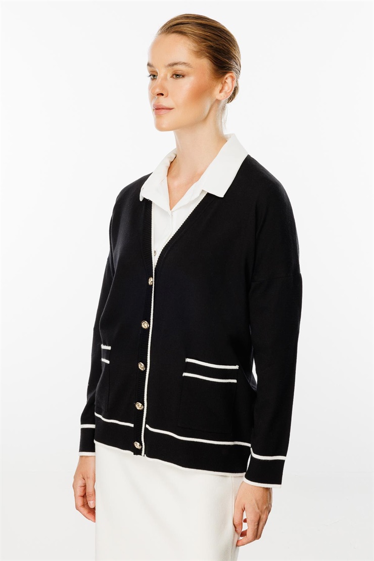 Mutlu Ertan Kadın Triko Kısa Çizgili Cepli Viskon Hırka Siyah 20132