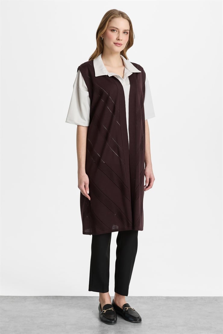 Mutlu Ertan Kadın Triko Uzun Verev Yelek Vino 2512