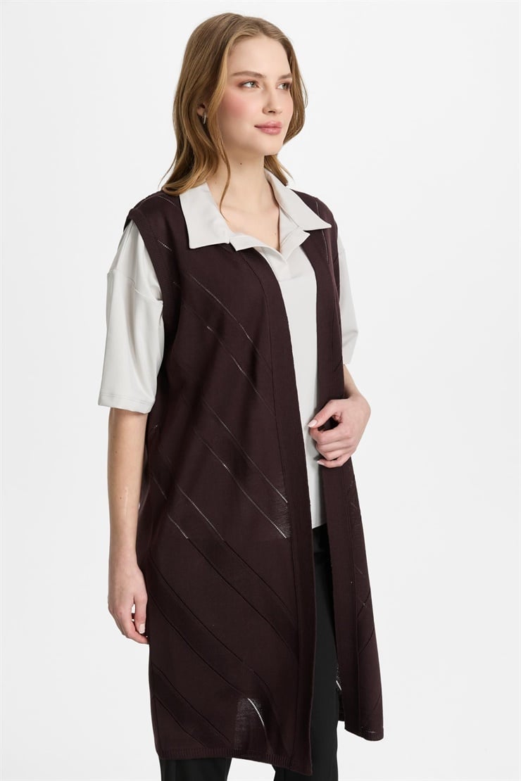 Mutlu Ertan Kadın Triko Uzun Verev Yelek Vino 2512