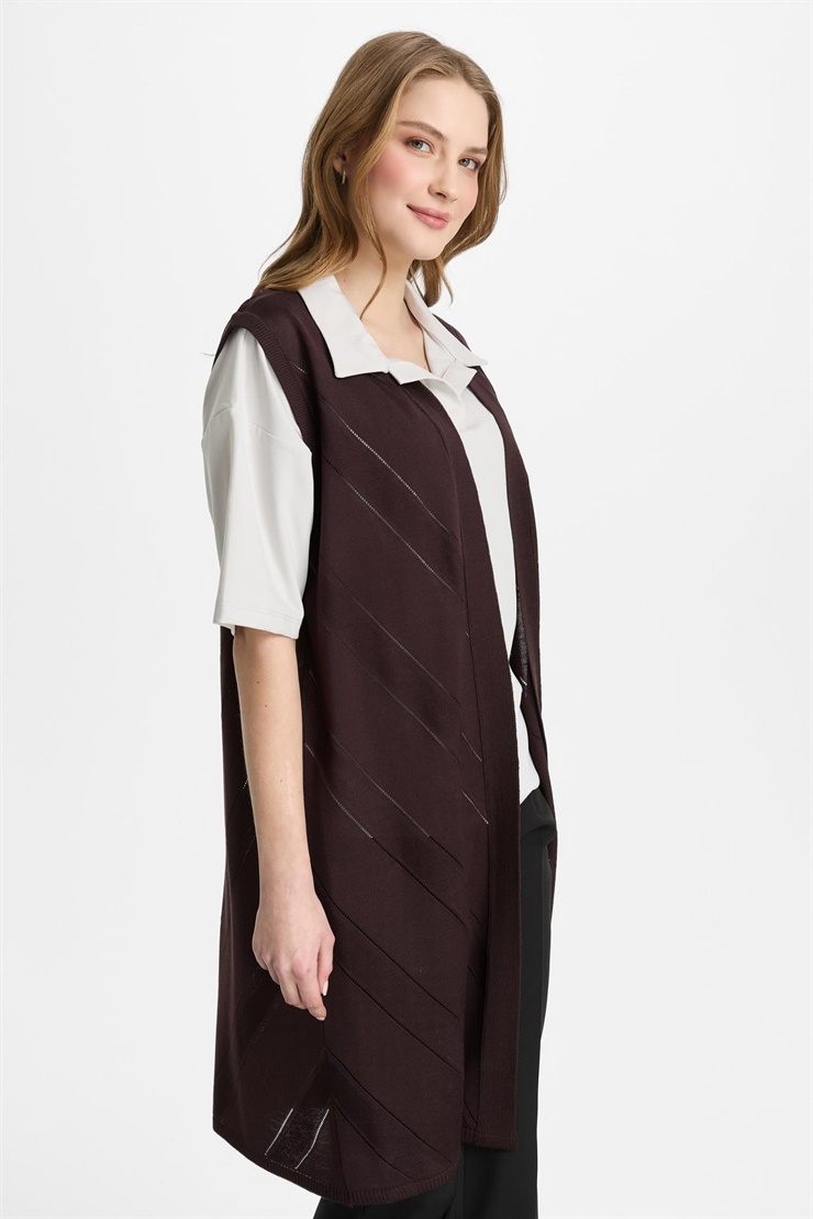 Mutlu Ertan Kadın Triko Uzun Verev Yelek Vino 2512