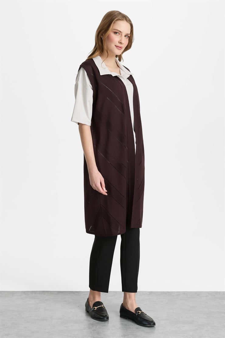 Mutlu Ertan Kadın Triko Uzun Verev Yelek Vino 2512