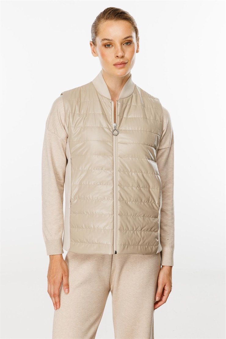 Mutlu Ertan Kadın Triko Yakalı  Kapitone Yelek Vizon 20137