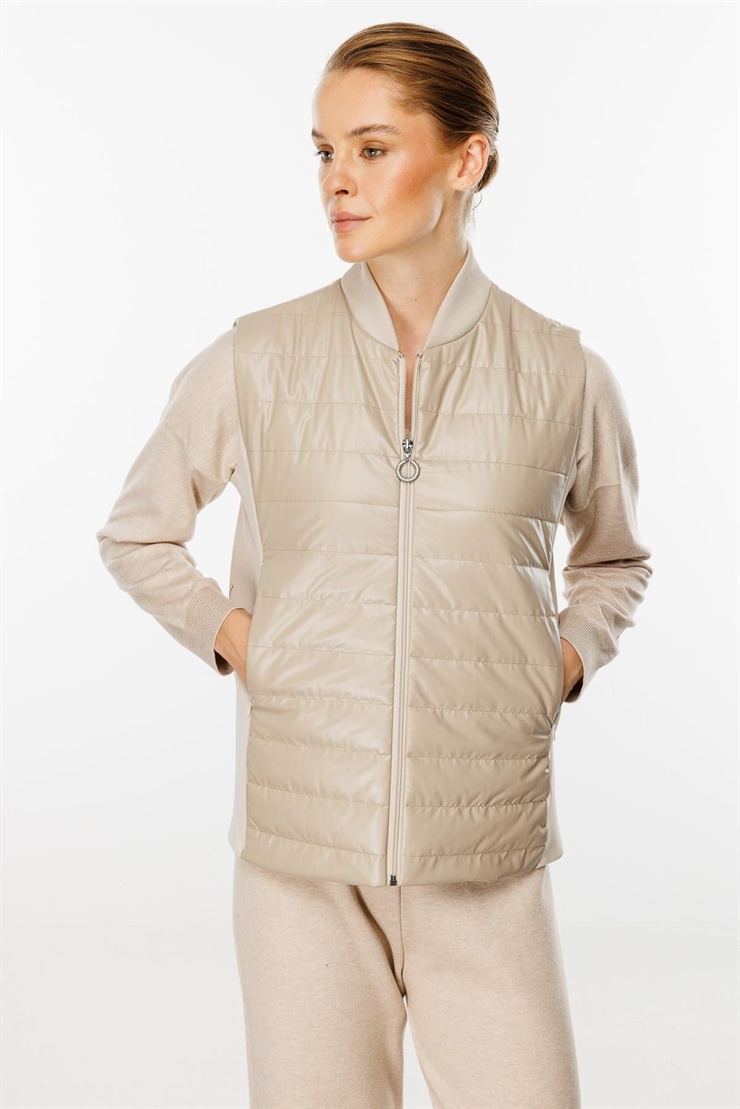 Mutlu Ertan Kadın Triko Yakalı  Kapitone Yelek Vizon 20137