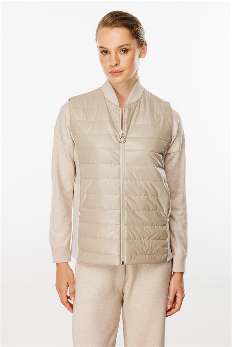 Mutlu Ertan Kadın Triko Yakalı  Kapitone Yelek Vizon 20137