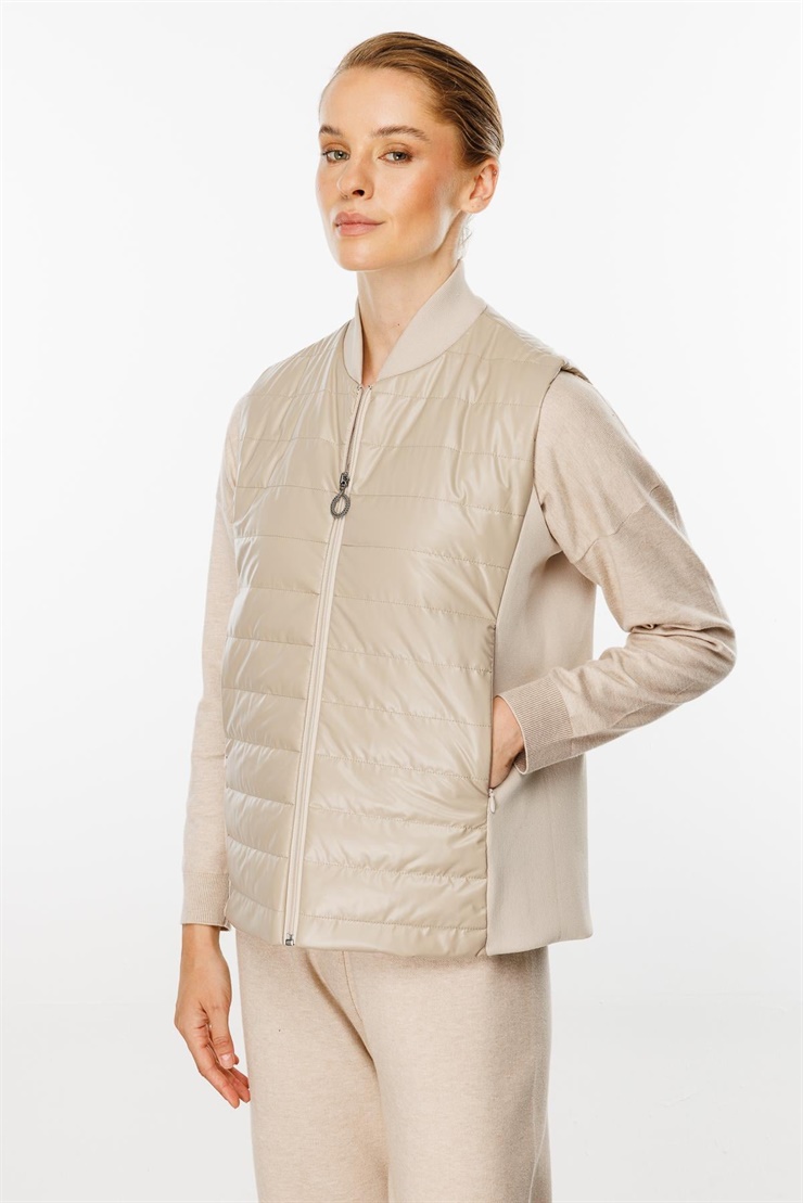 Mutlu Ertan Kadın Triko Yakalı  Kapitone Yelek Vizon 20137