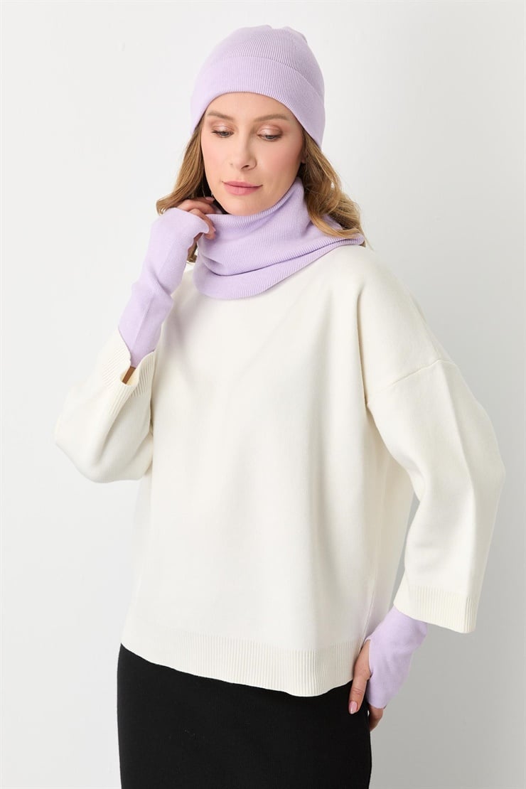 Mutlu Ertan Kadın Trio Set Triko Bere Boyunluk Eldiven Lila 20288