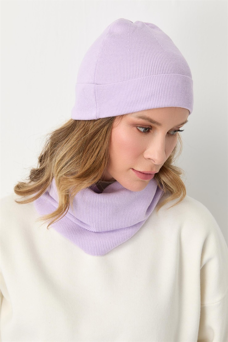 Mutlu Ertan Kadın Trio Set Triko Bere Boyunluk Eldiven Lila 20288