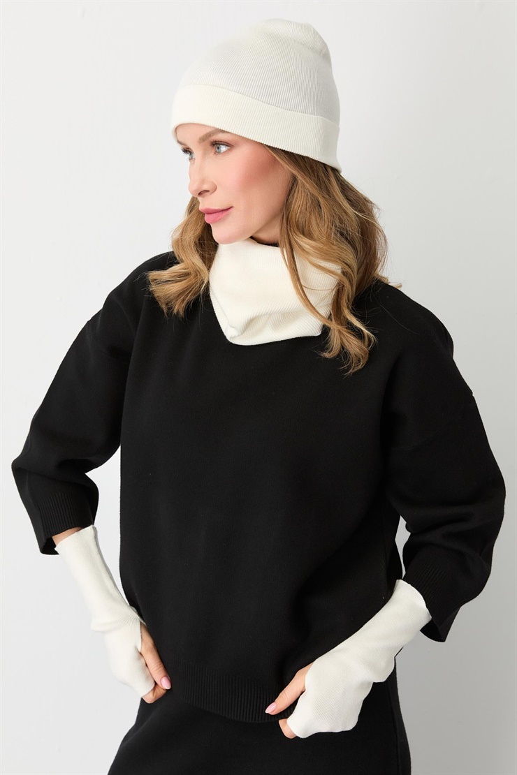 Mutlu Ertan Kadın Trio Set Triko Bere Boyunluk Eldiven Ekru 20288