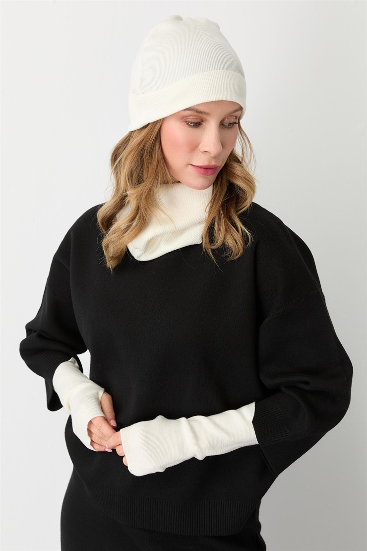 Mutlu Ertan Kadın Trio Set Triko Bere Boyunluk Eldiven Ekru 20288