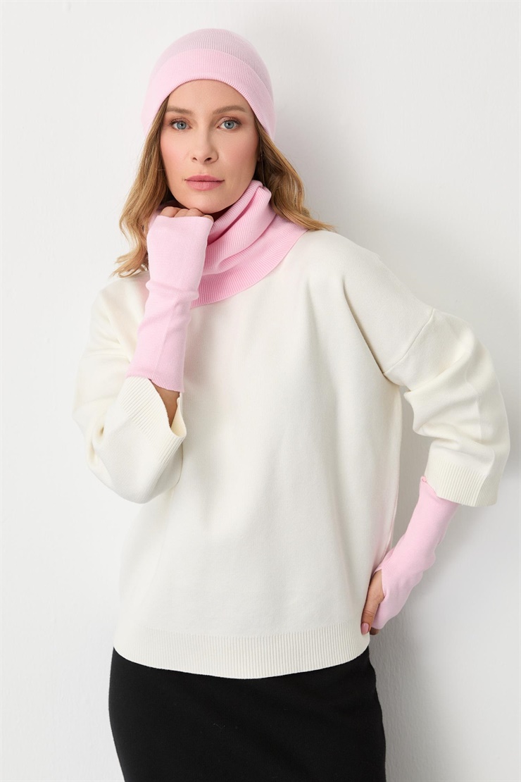 Mutlu Ertan Kadın Trio Set Triko Bere Boyunluk Eldiven Pembe 20288