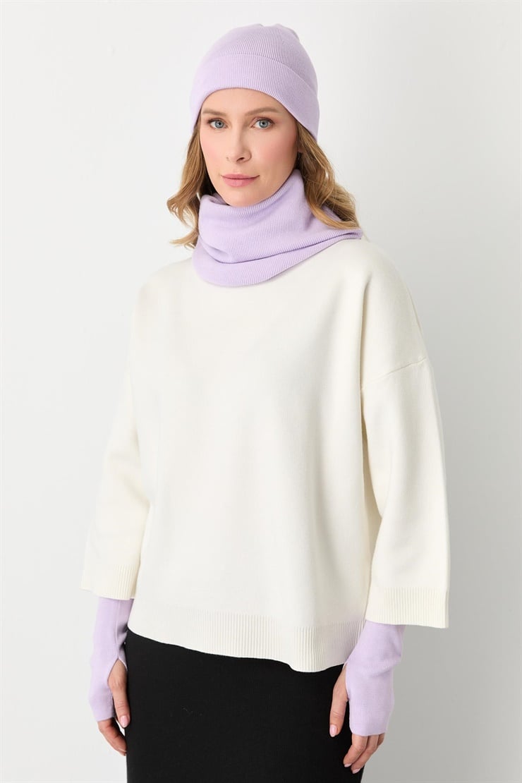 Mutlu Ertan Kadın Trio Set Triko Bere Boyunluk Eldiven Lila 20288