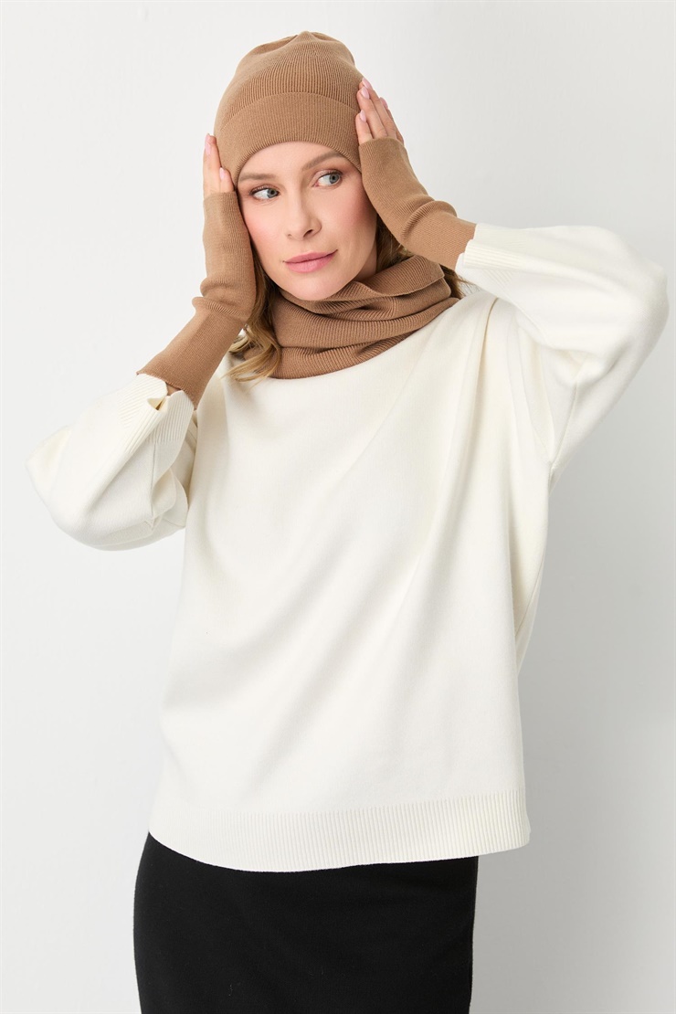 Mutlu Ertan Kadın Trio Set Triko Bere Boyunluk Eldiven Camel 20288