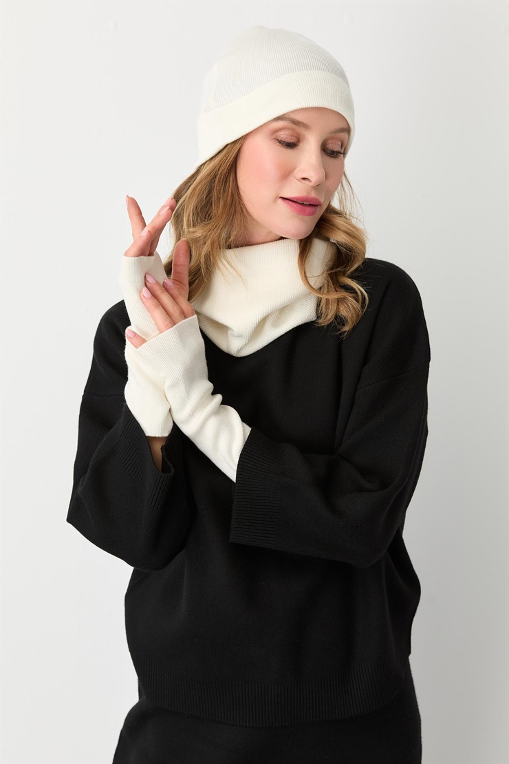 Mutlu Ertan Kadın Trio Set Triko Bere Boyunluk Eldiven Ekru 20288