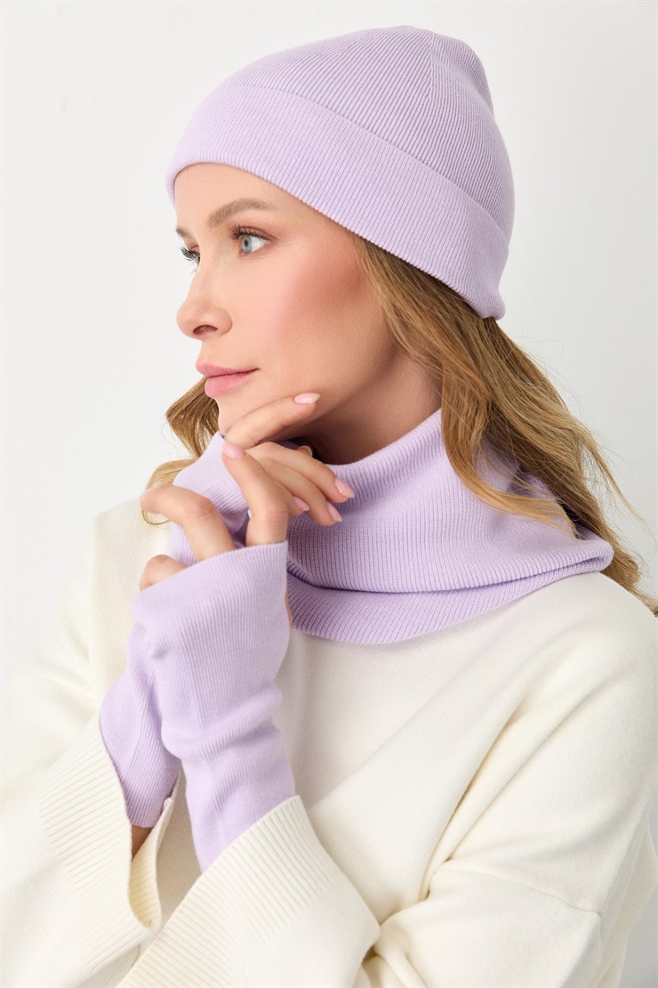 Mutlu Ertan Kadın Trio Set Triko Bere Boyunluk Eldiven Lila 20288