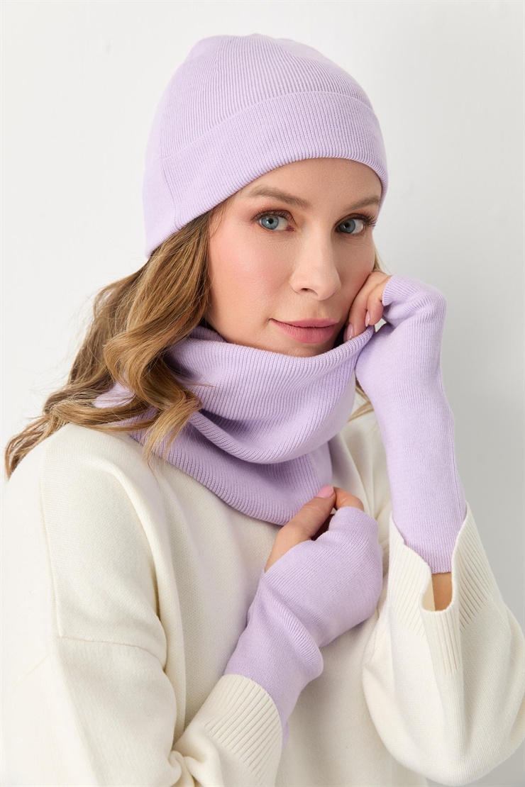 Mutlu Ertan Kadın Trio Set Triko Bere Boyunluk Eldiven Lila 20288
