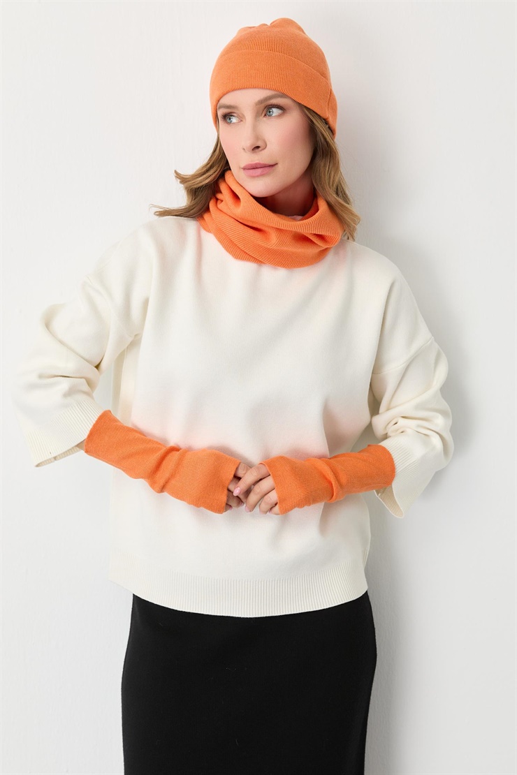 Mutlu Ertan Kadın Trio Set Triko Bere Boyunluk Eldiven Turuncu 20288
