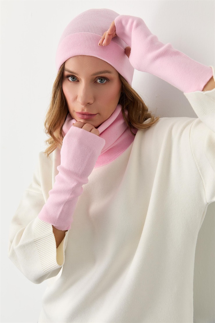 Mutlu Ertan Kadın Trio Set Triko Bere Boyunluk Eldiven Pembe 20288
