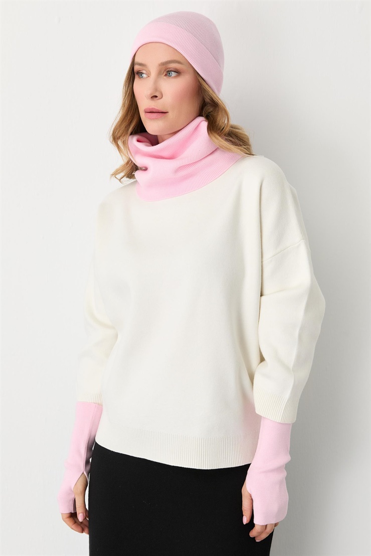 Mutlu Ertan Kadın Trio Set Triko Bere Boyunluk Eldiven Pembe 20288