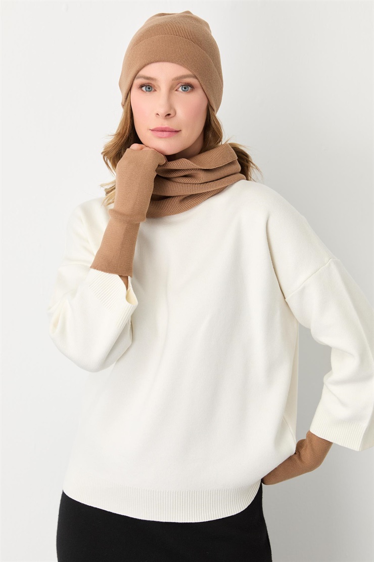 Mutlu Ertan Kadın Trio Set Triko Bere Boyunluk Eldiven Camel 20288