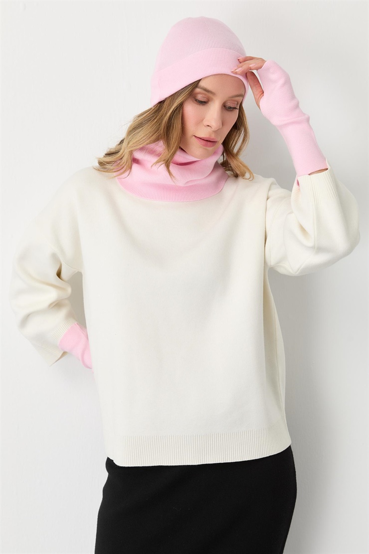 Mutlu Ertan Kadın Trio Set Triko Bere Boyunluk Eldiven Pembe 20288