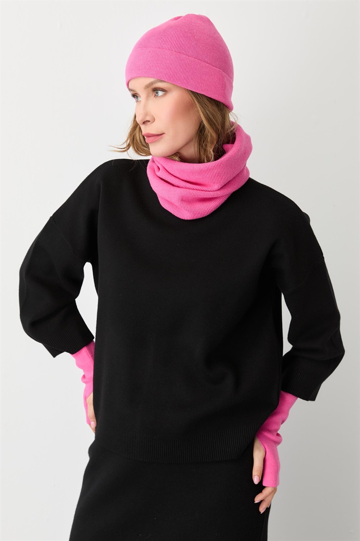 Mutlu Ertan Kadın Trio Set Triko Bere Boyunluk Eldiven Fuşya 20288