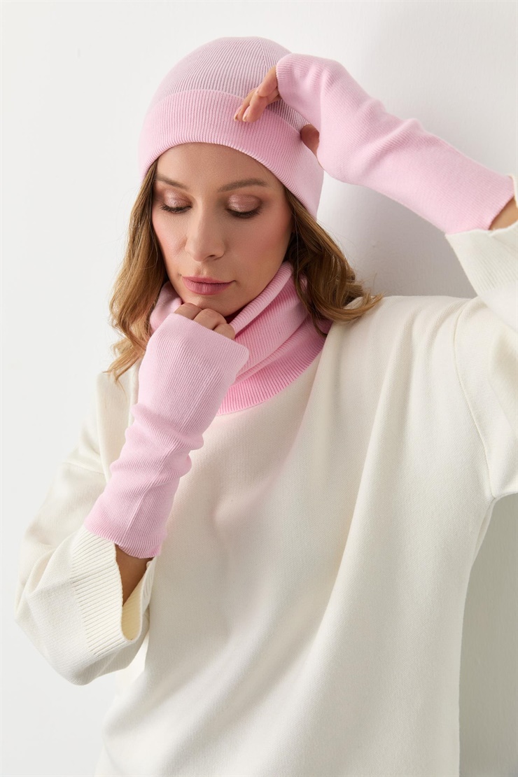 Mutlu Ertan Kadın Trio Set Triko Bere Boyunluk Eldiven Pembe 20288