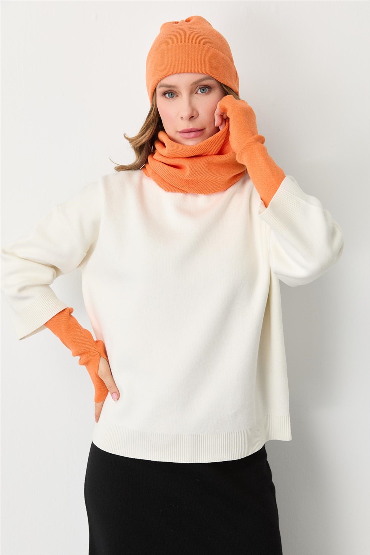 Mutlu Ertan Kadın Trio Set Triko Bere Boyunluk Eldiven Turuncu 20288