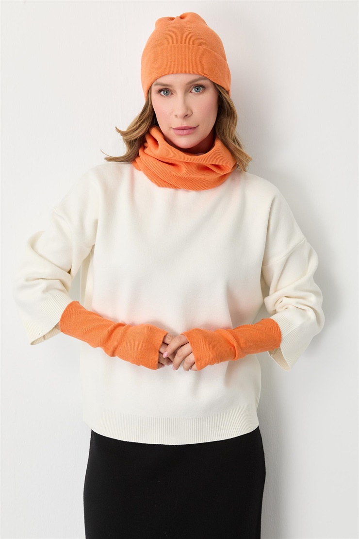 Mutlu Ertan Kadın Trio Set Triko Bere Boyunluk Eldiven Turuncu 20288