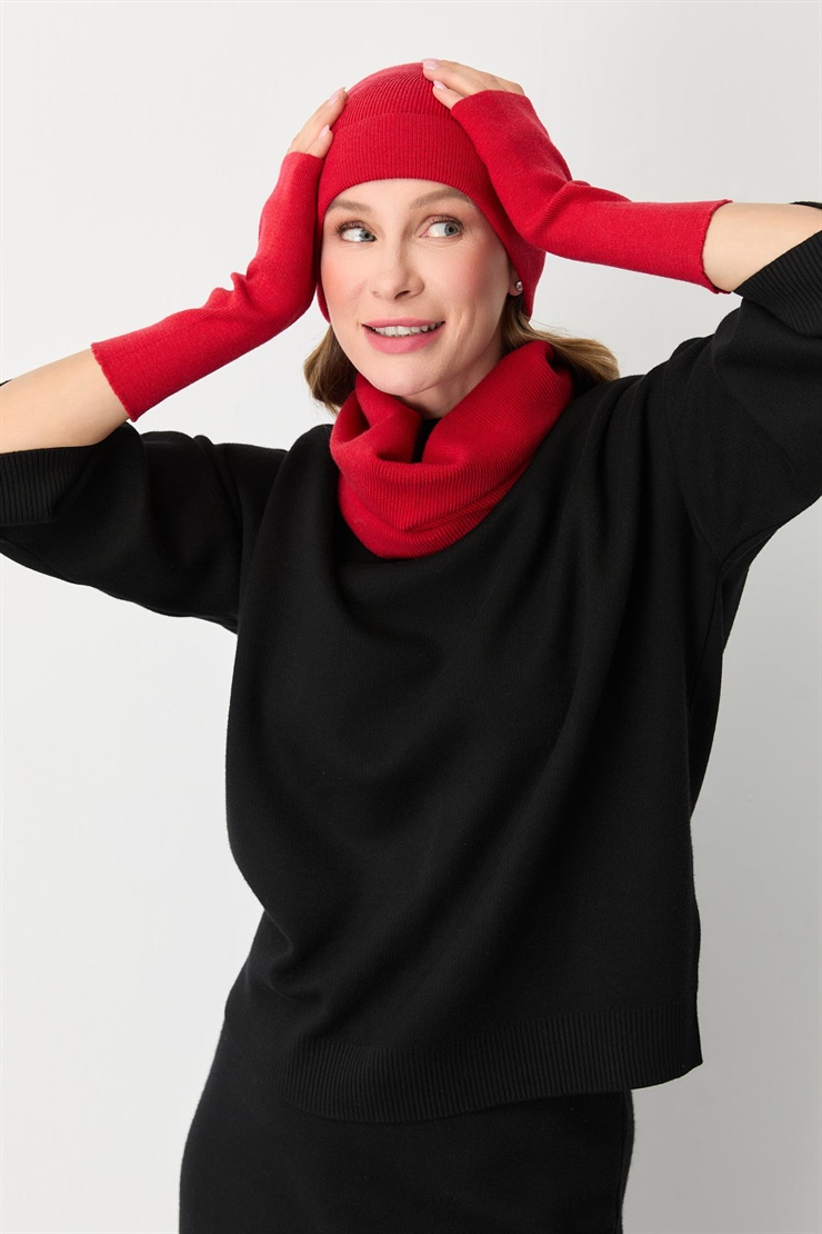 Mutlu Ertan Kadın Trio Set Triko Bere Boyunluk Eldiven Kırmızı 20288